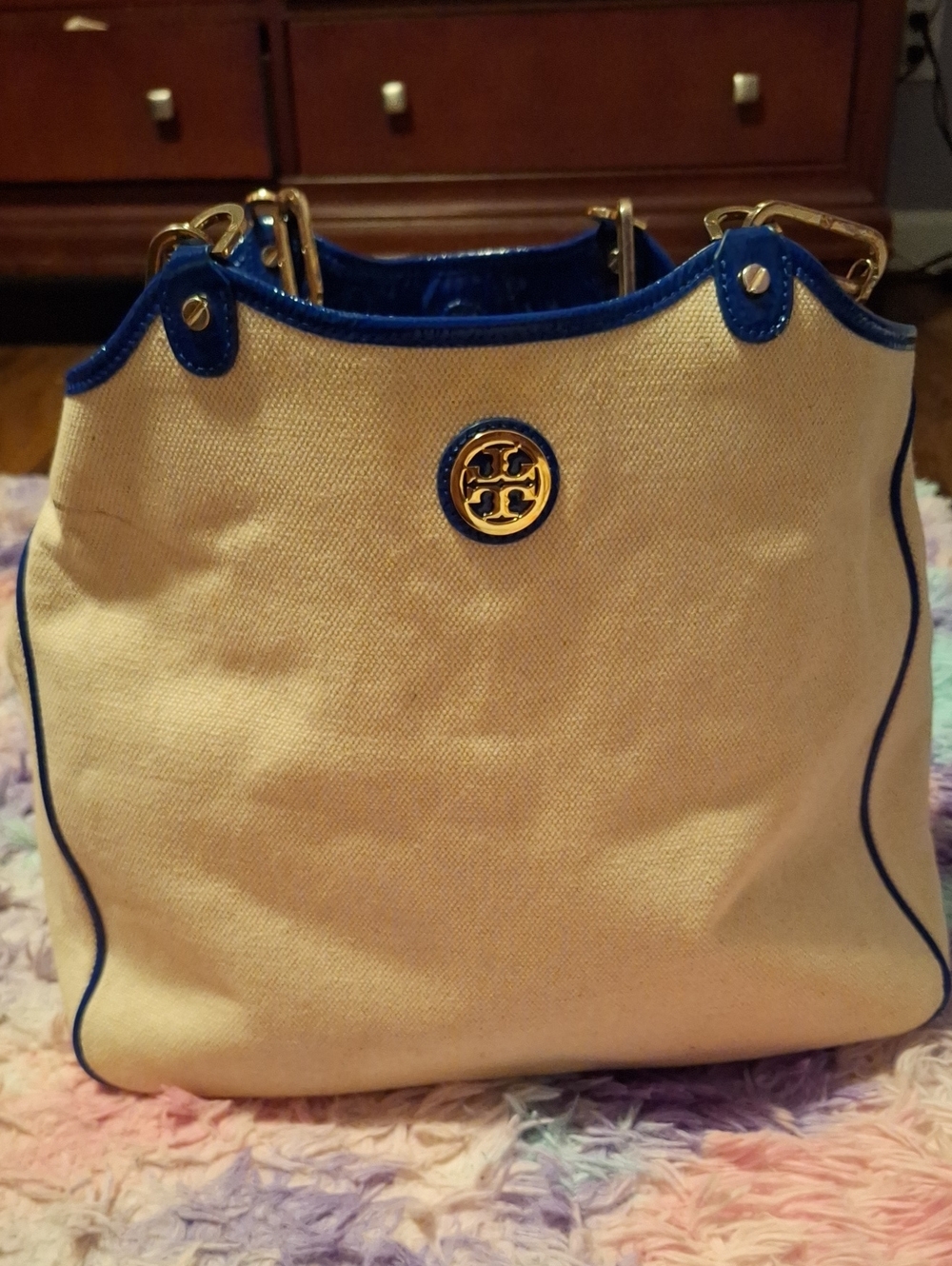 Tory Burch Cream Canvas Tote with Blue Trim and Gold Logo